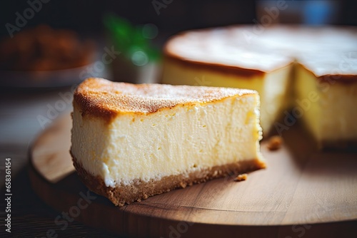 A slice of cheesecake on a wooden board.