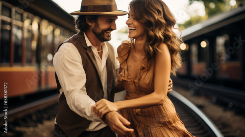 A playful image of a couple dancing on an old-fashioned railway platform  showcasing their unique love story