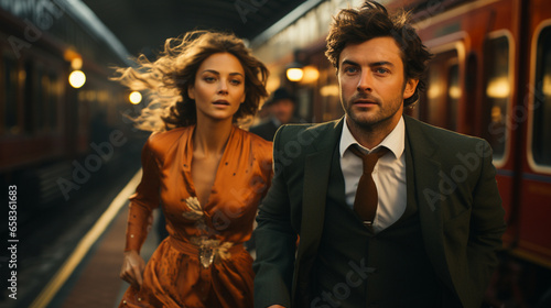 A dynamic capture of a stylish couple racing against time to catch a departing train, adding an element of suspense to the scene