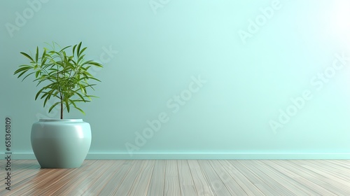  a green plant in a white vase on a wooden floor. generative ai