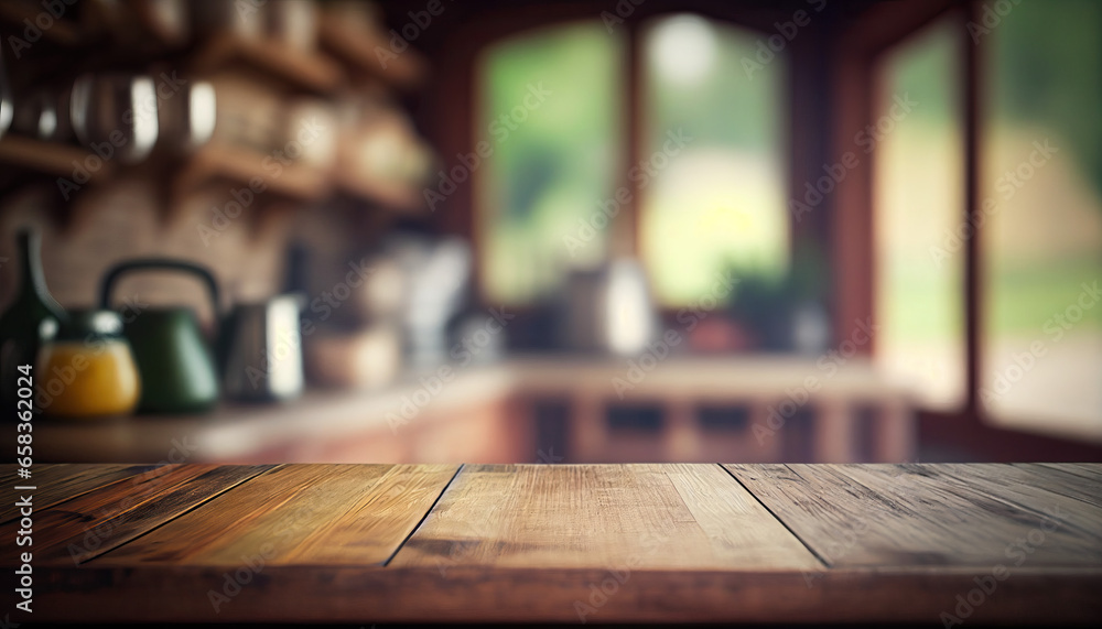 Empty old wooden table with countryside kithcen in background Empty old wooden table with countryside kithcen in background