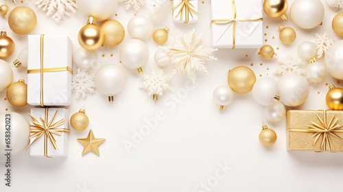  a white and gold christmas background with presents and snowflakes. generative ai