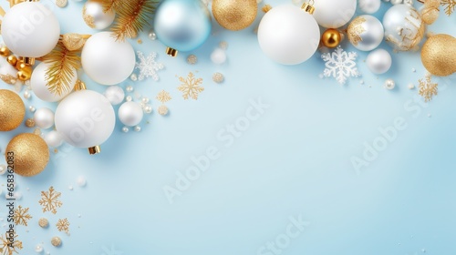  a blue background with gold and white ornaments and snowflakes.  generative ai