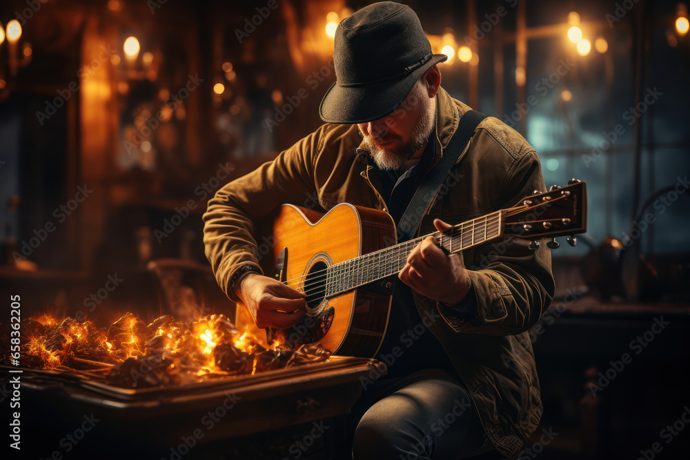 Obraz premium A musician passionately strumming an acoustic guitar, producing soul-stirring chords. Concept of acoustic creativity. Generative Ai.