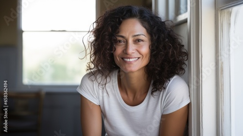 Beautiful 45 year old happy woman in loose home clothes at the window. Portrait of a smiling lady. Feminine beauty. Free Download Beautiful 45 year old happy woman in loose home clothes at the window. Portrait of a smiling lady. Feminine beauty. - GFXLoad