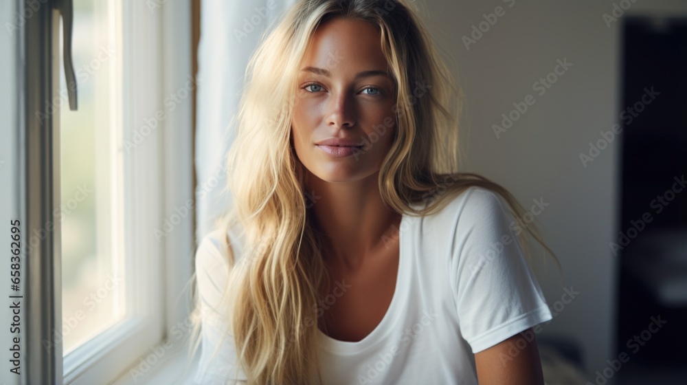 Beautiful young happy woman in loose home clothes at the window. Portrait of a smiling lady. Feminine beauty. Beautiful young happy woman in loose home clothes at the window. Portrait of a smiling lady. Feminine beauty.