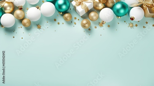  a blue and white christmas background with gold and white ornaments. generative ai