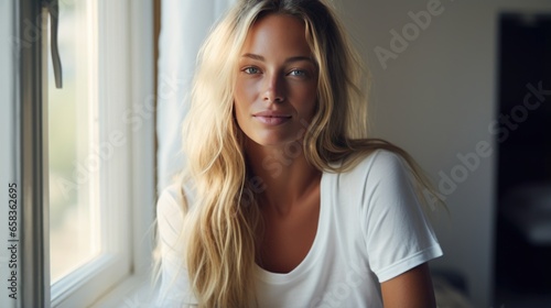 Beautiful young happy woman in loose home clothes at the window. Portrait of a smiling lady. Feminine beauty.