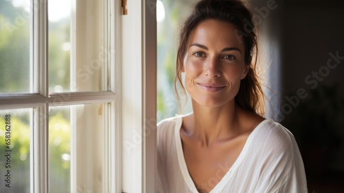 Beautiful 45 year old happy woman in loose home clothes at the window. Portrait of a smiling lady. Feminine beauty.
