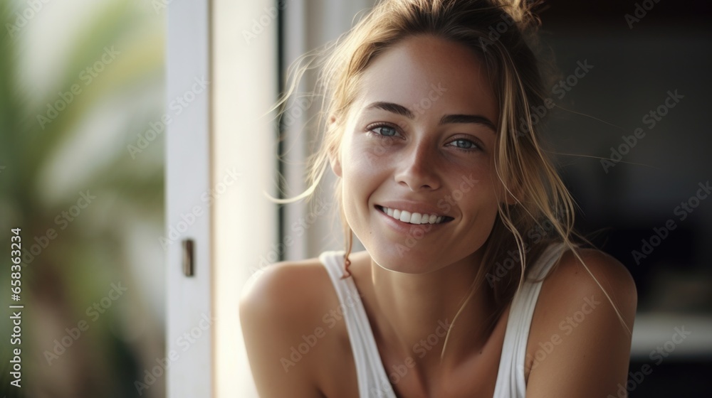 Beautiful 28 year old happy woman in loose home clothes at the window. Portrait of a smiling lady. Feminine beauty. Beautiful 28 year old happy woman in loose home clothes at the window. Portrait of a smiling lady. Feminine beauty.