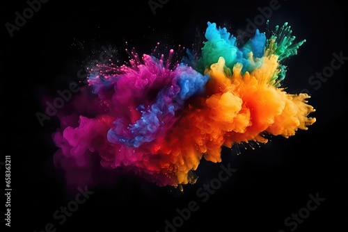 Freeze Motion Capture Of Colorful Powder Explosions Isolated On Black Background. Сoncept Powder Explosions, Freeze Motion Capture, Colorful, Black Background