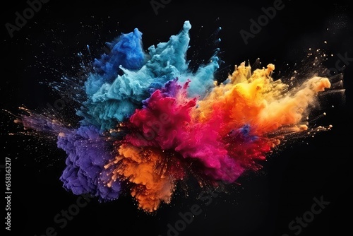 Freeze Motion Capture Of Colorful Powder Explosions Isolated On Black Background. Сoncept Freezing Motion, Color Powder Explosions, Isolated Background