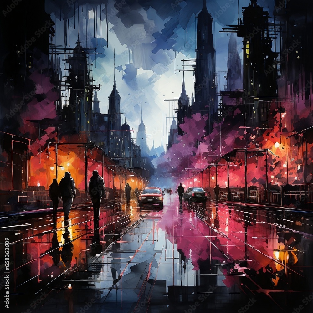 A watercolor painting of a city at night