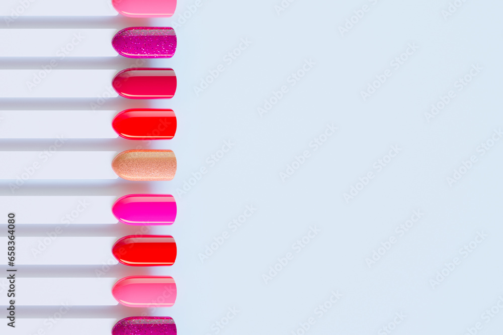 A collection of colorful nail polish swatches in various shades and finishes A collection of colorful nail polish swatches in various shades and finishes