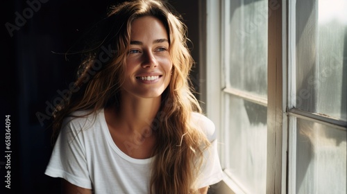 Beautiful 28 year old happy woman in loose home clothes at the window. Portrait of a smiling lady. Feminine beauty.
