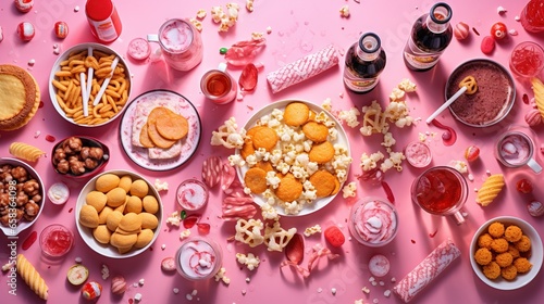  a pink table topped with lots of food and drinks next to a bowl of popcorn.  generative ai