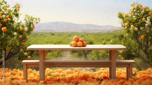 A Stage Set by Nature Empty Wooden Table With Open Space Against a Lush Backdrop of Orange Trees Ready for Product Display Montage