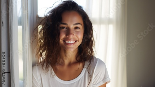 Beautiful 28 year old happy woman in loose home clothes at the window. Portrait of a smiling lady. Feminine beauty.