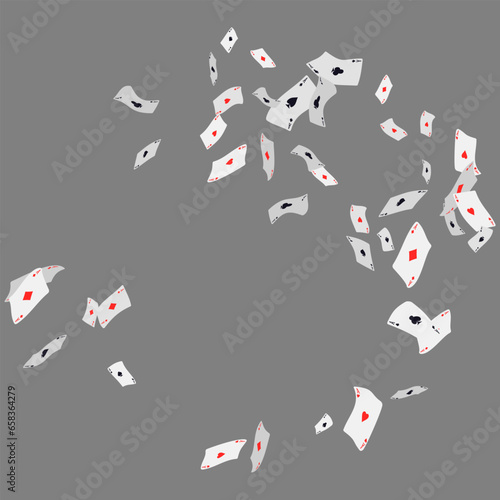 Falling playing cards on grey. Pattern with falling playing cards with symbols of diamonds, clubs, hearts and spades. Vector illustration for casino, game design, advertising, ads of parties