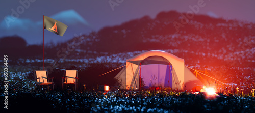 Campsite situated on the meadow with mountain view. during night. Fireplace.