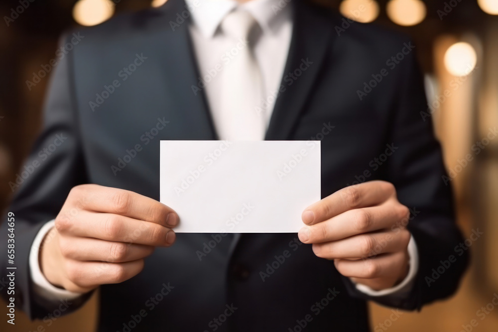 Close-up of an empty white note as a mockup for text and messages. A man in a suit holds a blank piece of paper. Close-up of an empty white note as a mockup for text and messages. A man in a suit holds a blank piece of paper.