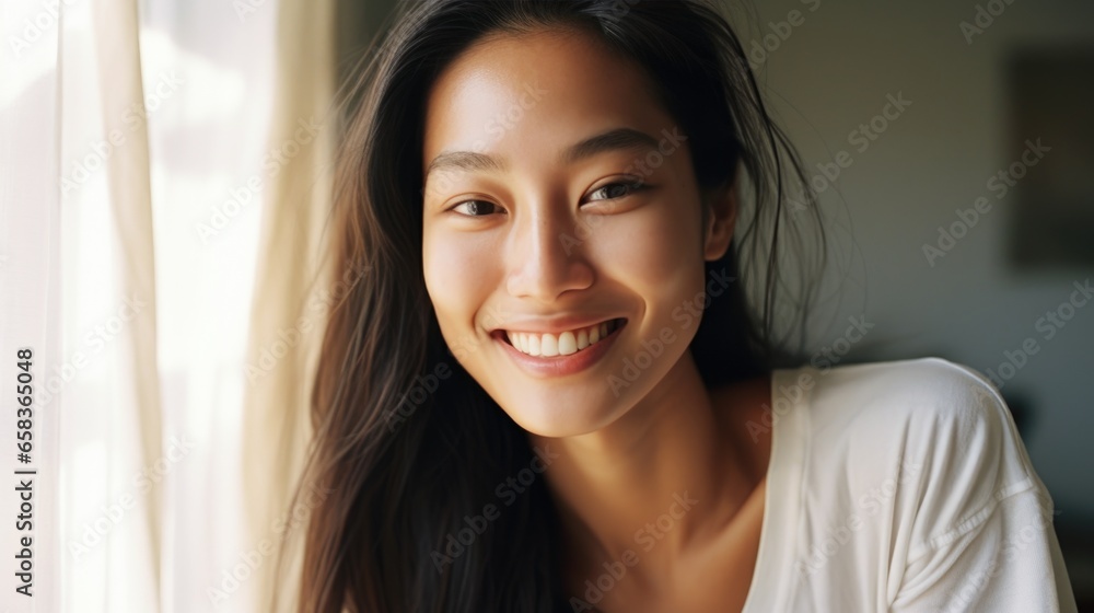 Beautiful 28 year old happy woman in loose home clothes at the window. Portrait of a smiling lady. Feminine beauty. Beautiful 28 year old happy woman in loose home clothes at the window. Portrait of a smiling lady. Feminine beauty.