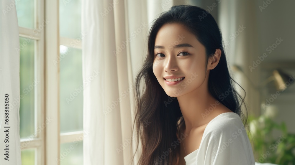 Beautiful 28 year old happy woman in loose home clothes at the window. Portrait of a smiling lady. Feminine beauty. Beautiful 28 year old happy woman in loose home clothes at the window. Portrait of a smiling lady. Feminine beauty.