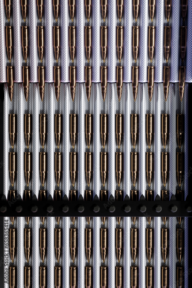 Rows of ammunition sorted and prepared for packaging on a production line