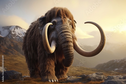 3D render of a large woolly mammoth on a mountain landscape Generative AI