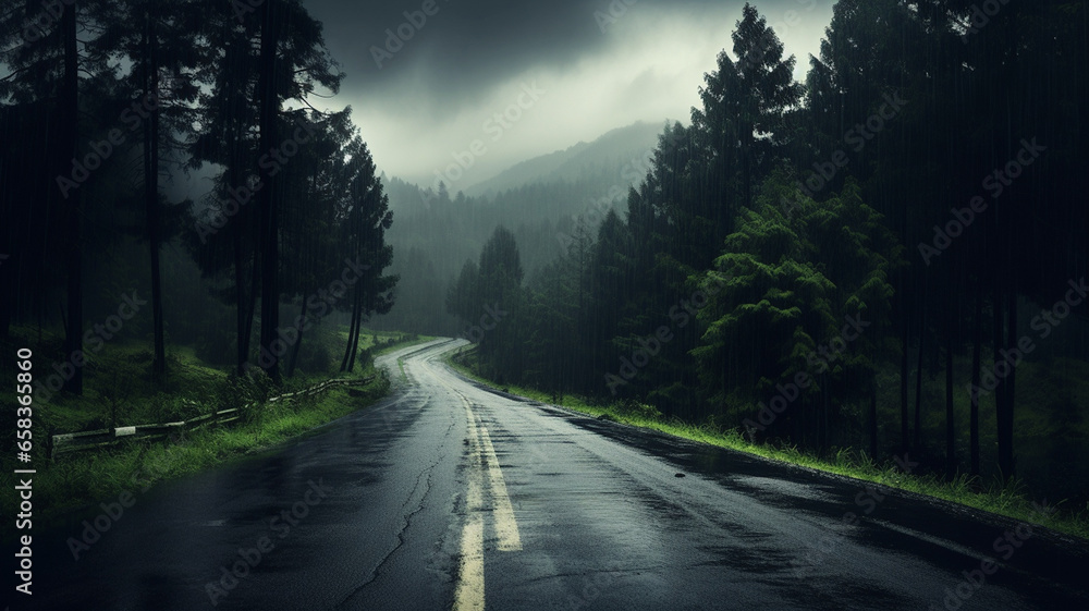 dark foggy forest road with green trees and fog - obrazy, fototapety, plakaty 