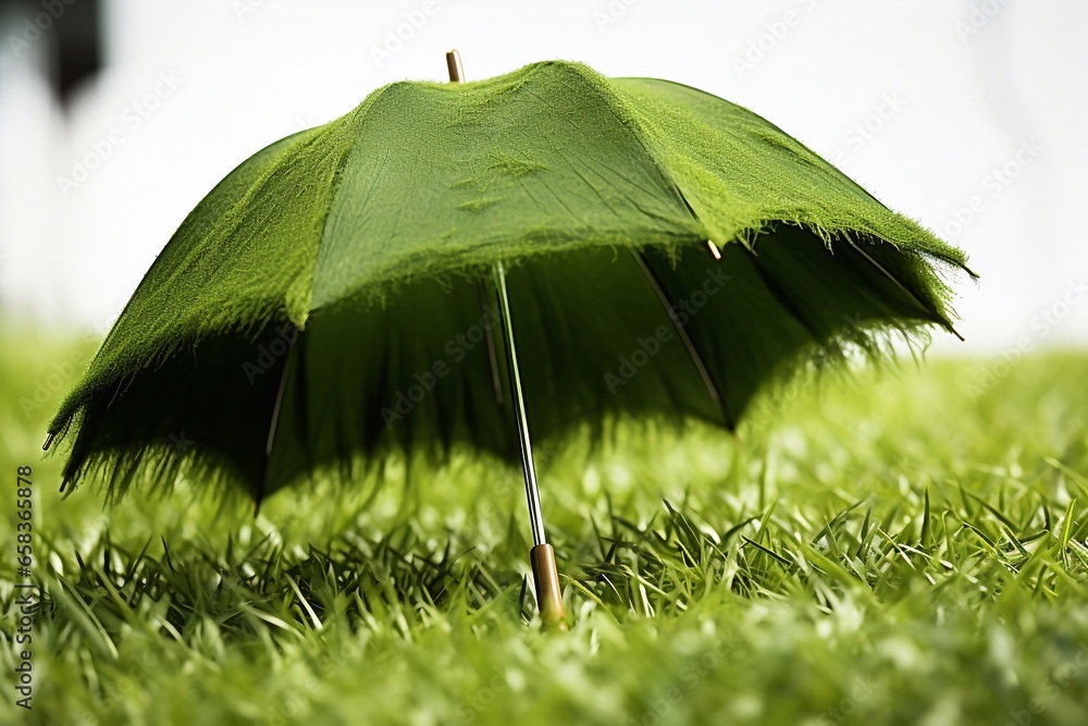 A image of Green umbrella in the rain on a background of green grass, close up Generative AI - obrazy, fototapety, plakaty 