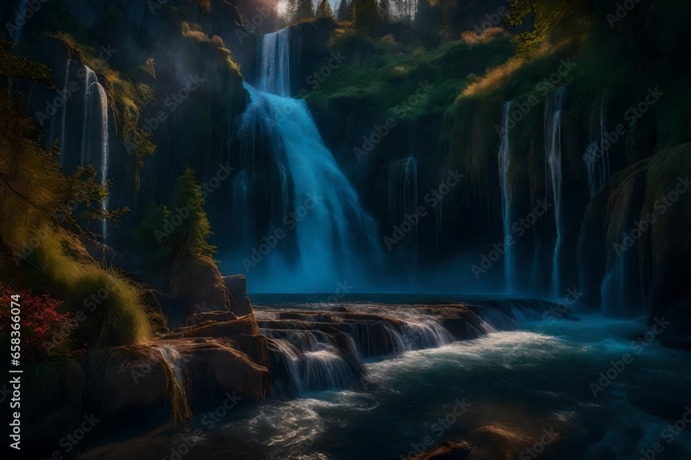 fantasy waterfall, Riverlands, trees, sunset - AI Generative