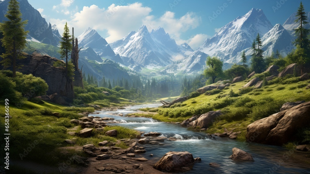 a tranquil river winding through a mountain valley, depicting the timeless beauty of nature's waterways