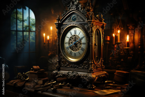 A grandfather clock ticking solemnly in a dimly lit room, marking the passage of hours. Concept of tradition and nostalgia. Generative Ai.