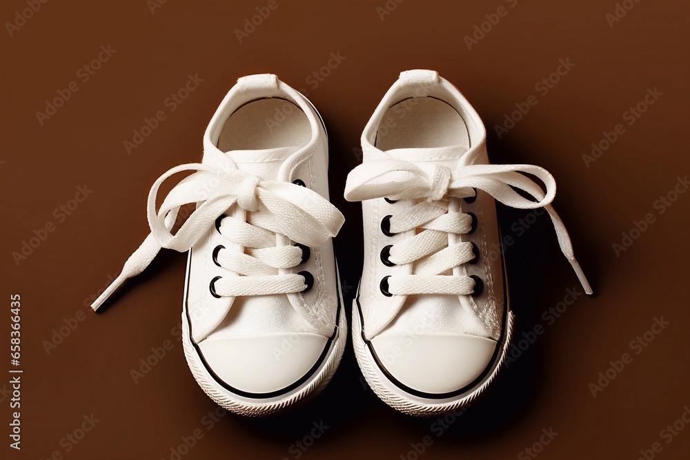 A image of White baby shoes on beige background, top view, copy space Generative AI