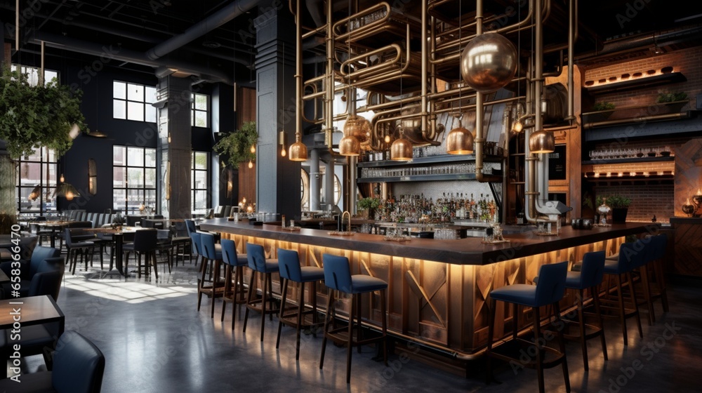 a trendy urban bar, showcasing a mix of industrial metals and vibrant, textured seating for a lively atmosphere