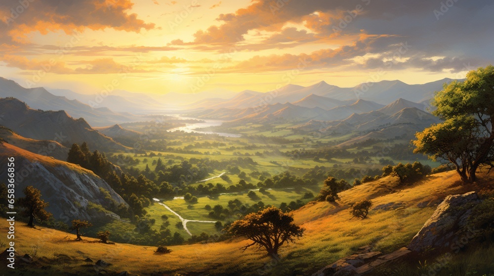 a valley dappled with the soft light of a setting sun, where the landscape becomes a canvas of warm, inviting colors