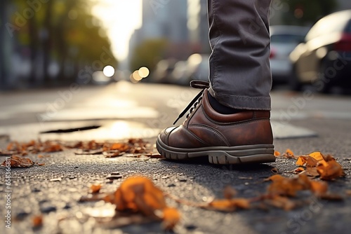 A photo of Man walking on the street at sunset, closeup of male legs Generative AI