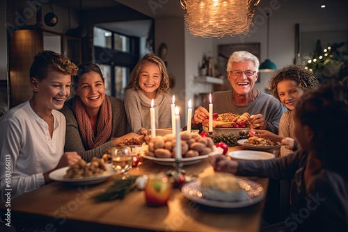 A festive family dinner with multiple generations, celebrating together indoors, sharing smiles, and enjoying a joyful meal. photo