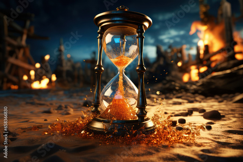 A broken hourglass releasing its last grains of sand, illustrating the finality of moments and the end of time. Concept of impermanence. Generative Ai.