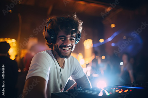 A modern and stylish young DJ, wearing headphones, enjoying his work in a nightclub with blue and yellow lighting.