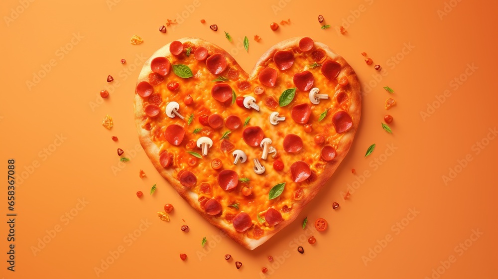  a heart shaped pizza with pepperoni and mushrooms on an orange background.  generative ai