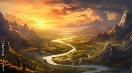a valley waking up to the first light of day, where the world is bathed in a soft, golden hue, promising new beginnings