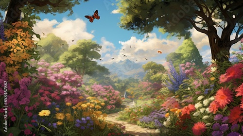 a vibrant springtime garden, showcasing blooming flowers and buzzing pollinators in a lush setting © ra0