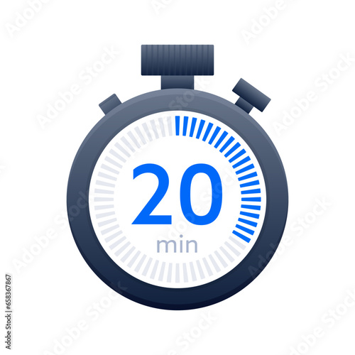 20 min timer and Stopwatch icons. Countdown symbol. Kitchen timer icon. Vector illustration