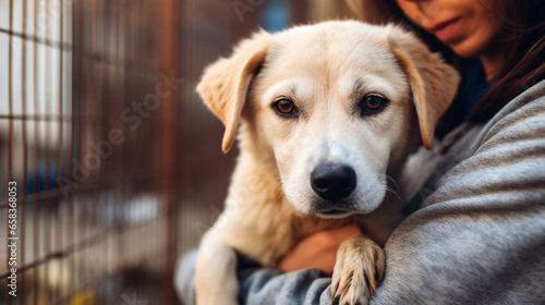 stockphoto, Pet adoption. Woman choosing dog from animal shelter. Cute abandoned and rescued retriever in dog pound. Welcoming a Shelter Dog to the Family - Rescue Dog, New Family, Anti Abuse, Anti An