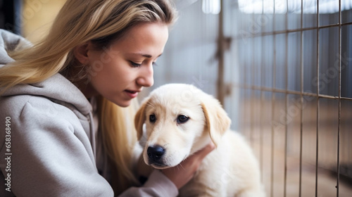 stockphoto, Pet adoption. Woman choosing dog from animal shelter. Cute abandoned and rescued retriever in dog pound. Welcoming a Shelter Dog to the Family - Rescue Dog, New Family, Anti Abuse, Anti An photo