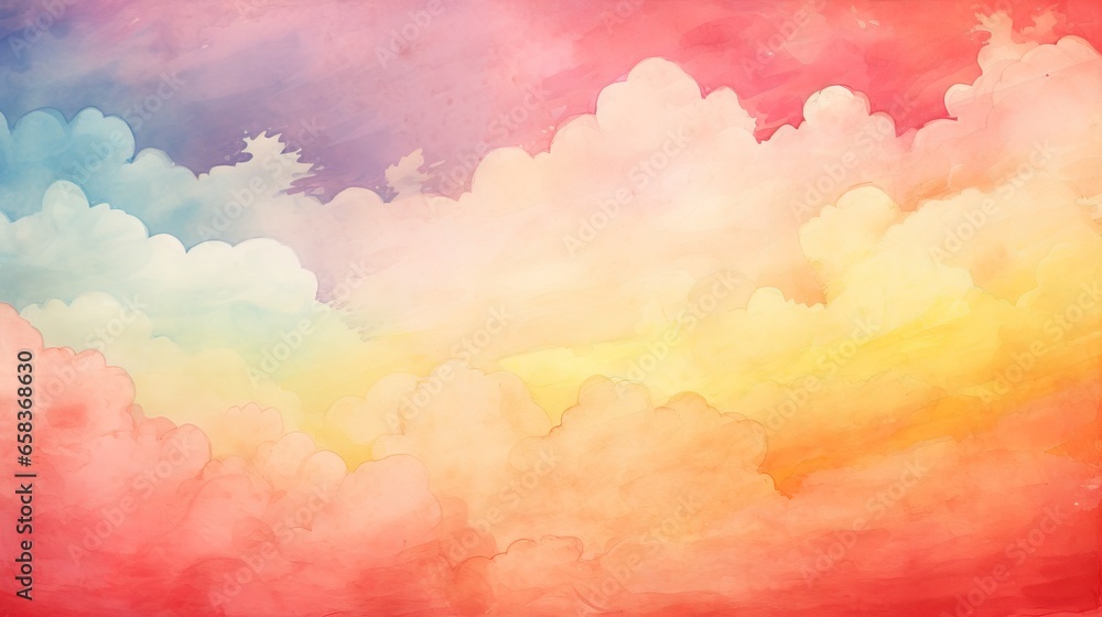  a painting of a rainbow colored sky with clouds in the background.  generative ai