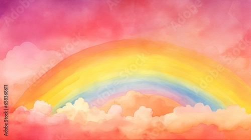  a painting of a rainbow in the sky with clouds in the foreground. generative ai
