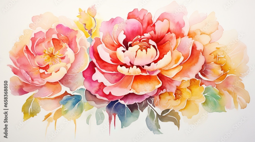  a painting of three large flowers on a white background with watercolors.  generative ai